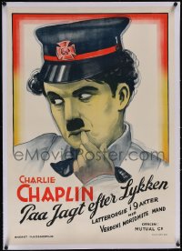 5p0812 PAA JAGT EFTER LYKKEN linen Danish 1920s great art of Charlie Chaplin from The Fireman, rare!