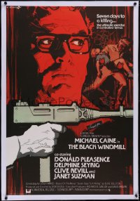 5p0828 BLACK WINDMILL linen English 1sh 1974 art of Michael Caine & MAC-10 by Cesselon, Don Siegel