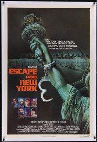 5p0687 ESCAPE FROM NEW YORK linen advance 1sh 1981 Carpenter, Watts art of handcuffed Lady Liberty!