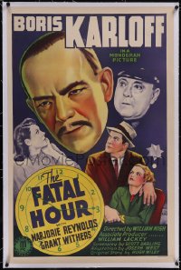 5p0487 FATAL HOUR linen 1sh 1940 cool artwork of Boris Karloff as Asian detective Mr. Wong!