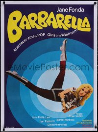 5p0785 BARBARELLA linen German R1973 different image of sexy Jane Fonda with gun, Vadim, ultra rare!