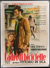 5p0378 BICYCLE THIEF linen Italian 1p R1955 Vittorio De Sica's classic Ladri di biciclette, cool art