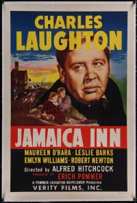 5p0535 JAMAICA INN linen 1sh R1949 Alfred Hitchcock, Charles Laughton, Maureen O'Hara, Banks, rare!