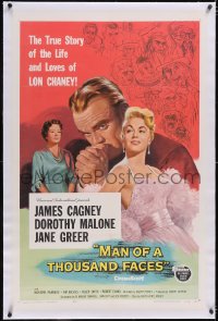 5p0563 MAN OF A THOUSAND FACES linen 1sh 1957 art of James Cagney as Lon Chaney Sr. by Reynold Brown!