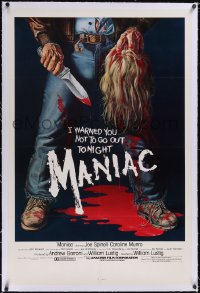 5p0564 MANIAC linen 1sh 1980 most classic gory Gaia horror artwork of killer holding blonde scalp!