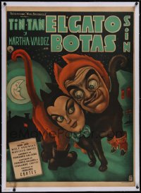 5p1175 EL GATO SIN BOTAS linen Mexican poster 1957 Cabral art of Tin-Tan & Valdez as cats, rare!