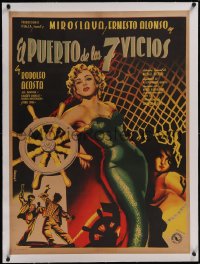 5p1182 EL PUERTO DE LOS SIETE VICIOS linen Mexican poster 1952 sexy Juan Antonio Vargas Ocampo art!