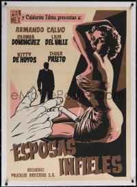 5p1188 ESPOSAS INFIELES linen export Mexican poster 1956 silkscreen art of sexy woman & smoking hand!