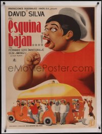 5p1190 ESQUINA BAJAN linen Mexican poster 1948 Gil art of David Silda & crowded bus, ultra rare!