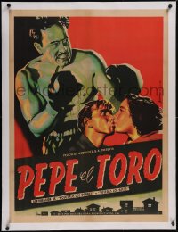 5p1227 PEPE EL TORO linen Mexican poster 1953 Javier Solis, great Berenguer boxing art, very rare!