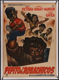 5p1228 PEPITO Y LOS ROBACHICOS linen Mexican poster 1958 great art of giant man throwing child, rare!