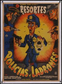 5p1230 POLICIAS Y LADRONES linen Mexican poster 1956 art of scared policeman Resortes & crooks, rare!