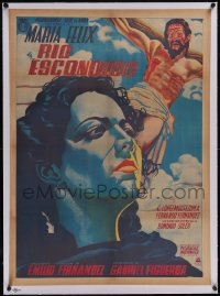 5p1234 RIO ESCONDIDO linen Mexican poster 1948 art of Maria Felix by crucified Jesus, ultra rare!