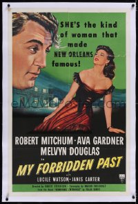 5p0573 MY FORBIDDEN PAST linen 1sh 1951 art of Robert Mitchum & sexy Ava Gardner in New Orleans!