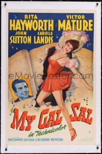 5p0575 MY GAL SAL linen 1sh 1942 art of Rita Hayworth bursting through sheet music, Victor Mature!