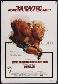 5p0587 PAPILLON linen 1sh 1973 prisoners Steve McQueen & Dustin Hoffman by Tom Jung, Allied Artists!