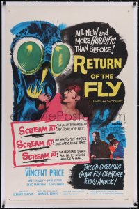 5p0604 RETURN OF THE FLY linen 1sh 1959 Vincent Price, cool monster art, more horrific than before!