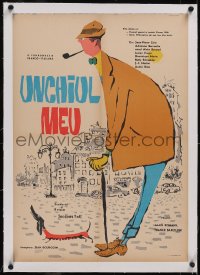 5p0746 MON ONCLE linen Romanian 1958 different art of Jacques Tati as My Uncle, Mr. Hulot, rare!