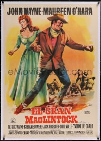 5p0797 McLINTOCK linen Spanish 1964 different Jano art of John Wayne & Maureen O'Hara, ultra rare!