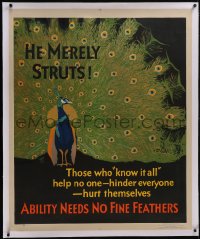 5p0348 MATHER & COMPANY linen 36x44 motivational poster 1929 Elmes art of peacock who merely struts!