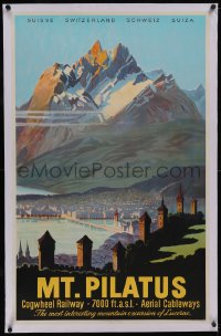 5p0909 MT. PILATUS linen 26x40 Swiss travel poster 1950s cool art of mountain & city in valley, rare