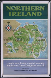 5p0912 NORTHERN IRELAND linen 25x40 English travel poster 1970s cool map art of sights to see, rare!