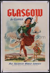 5p0913 PAN AMERICAN WORLD AIRWAYS GLASGOW linen 28x43 travel poster 1951 Scottish girl & bagpipes art!