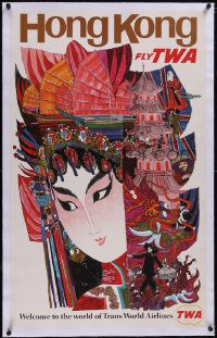 5p0919 TWA HONG KONG linen 25x40 travel poster 1960s David Klein montage art of Asian woman, rare!