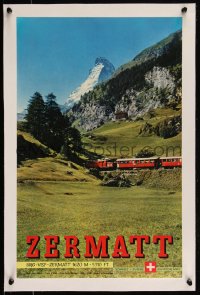 5p0922 ZERMATT linen 13x20 Swiss travel poster 1958 Schol photo of train by mountains, very rare!