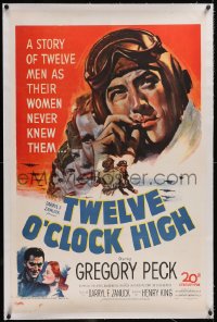 5p0653 TWELVE O'CLOCK HIGH linen 1sh 1950 cool artwork of smoking World War II pilot Gregory Peck!