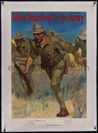 5p1019 MEN WANTED FOR THE ARMY linen 30x42 WWI war poster 1914 Hazelton art of soldiers charging, rare!