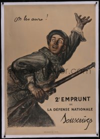 5p1023 ON LES AURA linen 32x45 French WWI war poster 1916 Jules Abel Faivre art of soldier with gun!