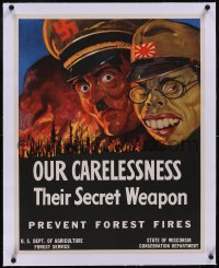 5p1025 OUR CARELESSNESS THEIR SECRET WEAPON linen 22x28 WWII war poster 1943 art of Hitler & Tojo