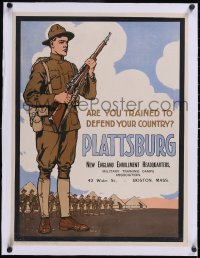 5p1026 PLATTSBURG linen 20x26 WWI war poster 1917 are you trained to defend your country, cool art!