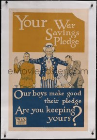 5p1056 YOUR WAR SAVINGS PLEDGE linen 21x32 WWI war poster 1917 Uncle Sam with soldier & stamp buyer!