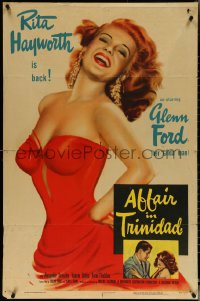 5r0265 AFFAIR IN TRINIDAD 1sh 1952 best art of sexiest Rita Hayworth laughing in low-cut dress!