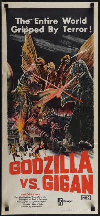 5r0176 GODZILLA ON MONSTER ISLAND Aust daybill 1972 battling Ghidra & Gigan & stomping city!