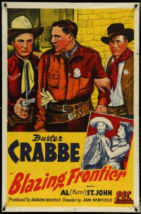 5r0339 BLAZING FRONTIER 1sh 1943 cool art of western cowboys Buster Crabbe & Fuzzy St. John!