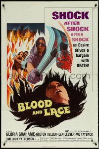 5r0344 BLOOD & LACE 1sh 1971 AIP, gruesome horror image of wacky cultist w/bloody hammer!