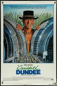 5r0410 CROCODILE DUNDEE 1sh 1986 cool art of Paul Hogan looming over New York City by Daniel Goozee!