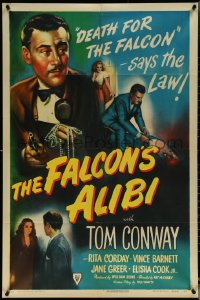 5r0472 FALCON'S ALIBI 1sh 1946 the law says death for detective Tom Conway, cool montage art!