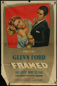 5r0496 FRAMED 1sh 1947 cool art of Glenn Ford grabbing Janis Carter out of the frame, film noir!