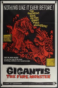 5r0519 GIGANTIS THE FIRE MONSTER 1sh 1959 cool art of Godzilla breathing flames at Angurus!