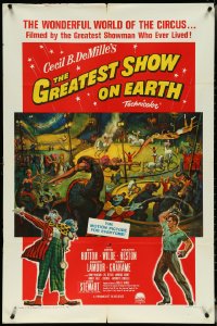 5r0544 GREATEST SHOW ON EARTH 1sh R1961 James Stewart, Betty Hutton, list of circus headliners!