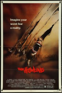 5r0574 HOWLING 1sh 1981 Joe Dante, cool art of screaming female tranforming into a werewolf!