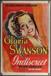 5r0598 INDISCREET 1sh R1937 close-up of gorgeous Gloria Swanson, Leo McCarey directed, rare!