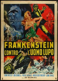 5r0089 FRANKENSTEIN MEETS THE WOLF MAN Italian 1p R1963 Lugosi, Chaney, different Pick monster art!