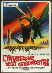 5r0093 INVASION OF ASTRO-MONSTER Italian 1p 1970 Toho, different art of monsters from space fighting!