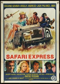 5r0098 SAFARI EXPRESS Italian 1p 1976 art of Guiliano Gemma & Ursula Andress in Land Rover w/chimp!