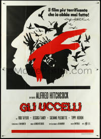 5r0104 BIRDS Italian 2p R1970s cool different art of Alfred Hitchcock profile & Tandy attacked!